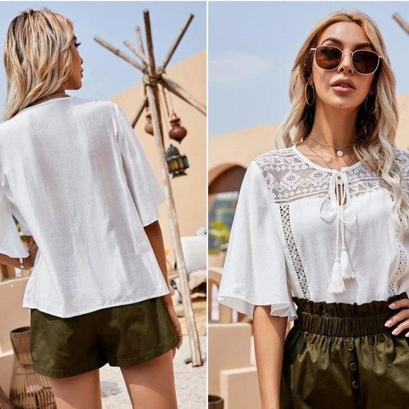 🎶 SALE NEW!!! Size 4 Contrast Lace Tie Neck Flutter Sleeve Top - Picture 1 of 2